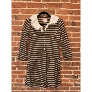 Betty Barclay Petite Brown White Stripe Ruffle Button Up Shirt Dress